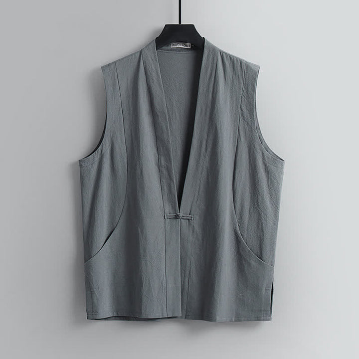 Buddha Stones 夏用唐風瞑想カエルボタン無地リネンVネックノースリーブシャツパンツメンズ瞑想服（ポケット付き）2点セット - image 3