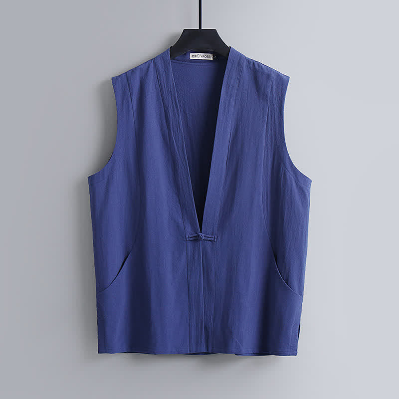 Buddha Stones 夏用唐風瞑想カエルボタン無地リネンVネックノースリーブシャツパンツメンズ瞑想服（ポケット付き）2点セット - image 1