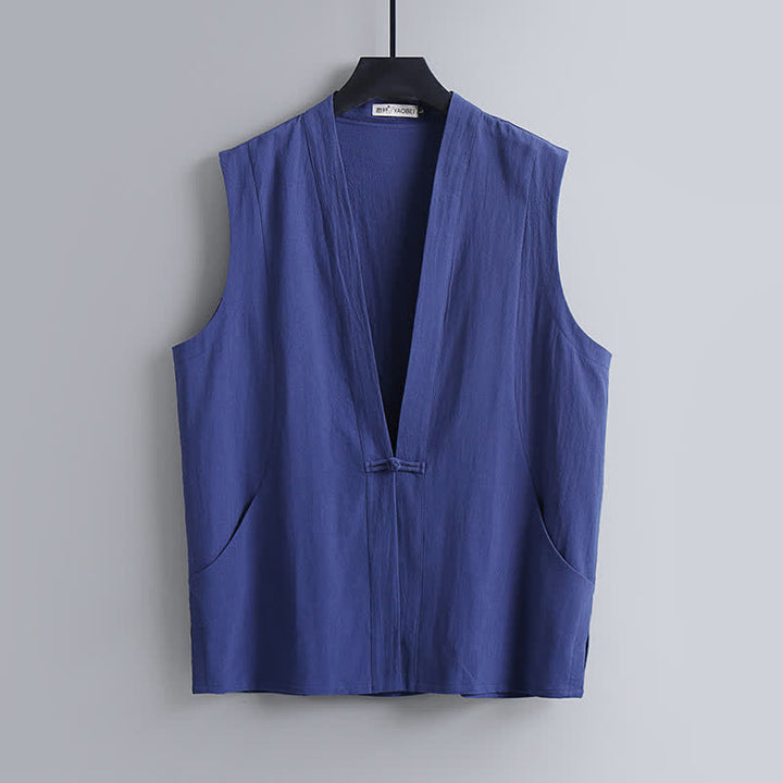 Buddha Stones 夏用唐風瞑想カエルボタン無地リネンVネックノースリーブシャツパンツメンズ瞑想服（ポケット付き）2点セット - image 1