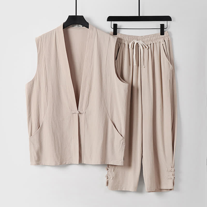 Buddha Stones 夏用唐風瞑想カエルボタン無地リネンVネックノースリーブシャツパンツメンズ瞑想服（ポケット付き）2点セット - 小麦 - US/UK/AU54、 EU64 (9XL) - image 18