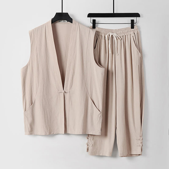 Buddha Stones 夏用唐風瞑想カエルボタン無地リネンVネックノースリーブシャツパンツメンズ瞑想服（ポケット付き）2点セット - 小麦 - US/UK/AU54、 EU64 (9XL) - image 18