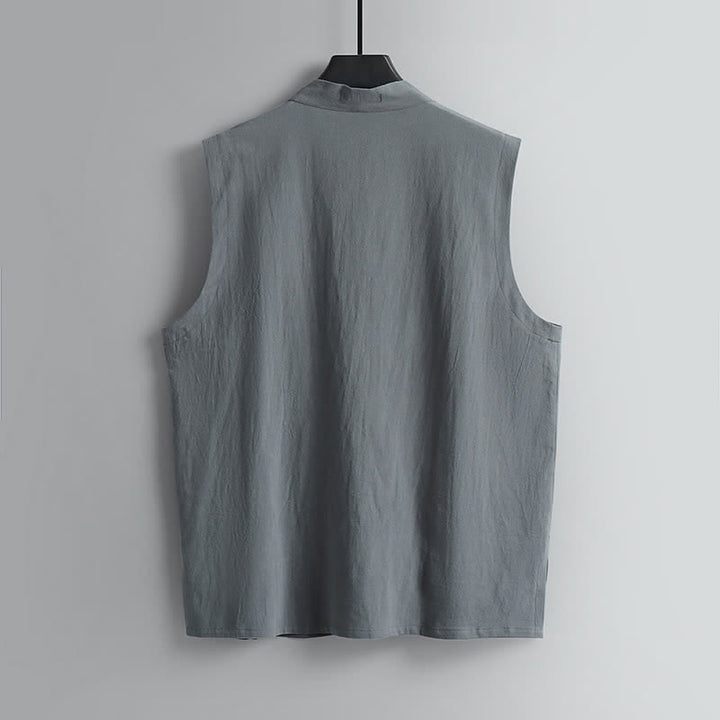 Buddha Stones 夏用唐風瞑想カエルボタン無地リネンVネックノースリーブシャツパンツメンズ瞑想服（ポケット付き）2点セット - image 4