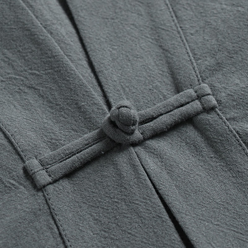 Buddha Stones 夏用唐風瞑想カエルボタン無地リネンVネックノースリーブシャツパンツメンズ瞑想服（ポケット付き）2点セット - image 9
