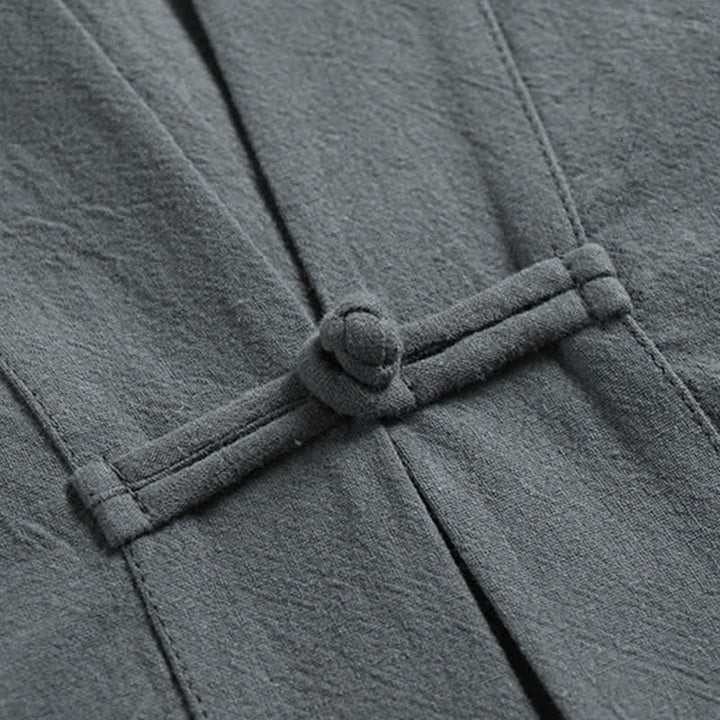 Buddha Stones 夏用唐風瞑想カエルボタン無地リネンVネックノースリーブシャツパンツメンズ瞑想服（ポケット付き）2点セット - image 9