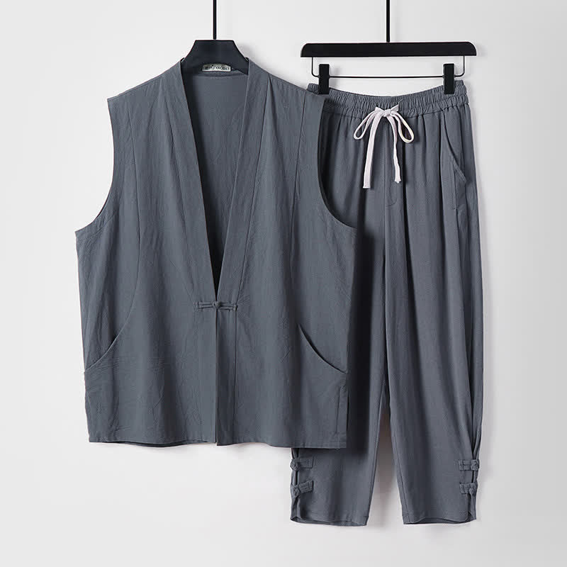 Buddha Stones 夏用唐風瞑想カエルボタン無地リネンVネックノースリーブシャツパンツメンズ瞑想服（ポケット付き）2点セット - スレートグレー - US/UK/AU54、 EU64 (9XL) - image 2