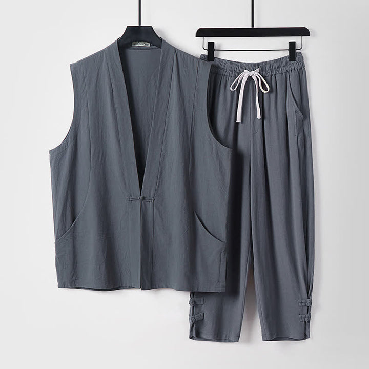 Buddha Stones 夏用唐風瞑想カエルボタン無地リネンVネックノースリーブシャツパンツメンズ瞑想服（ポケット付き）2点セット - スレートグレー - US/UK/AU54、 EU64 (9XL) - image 2