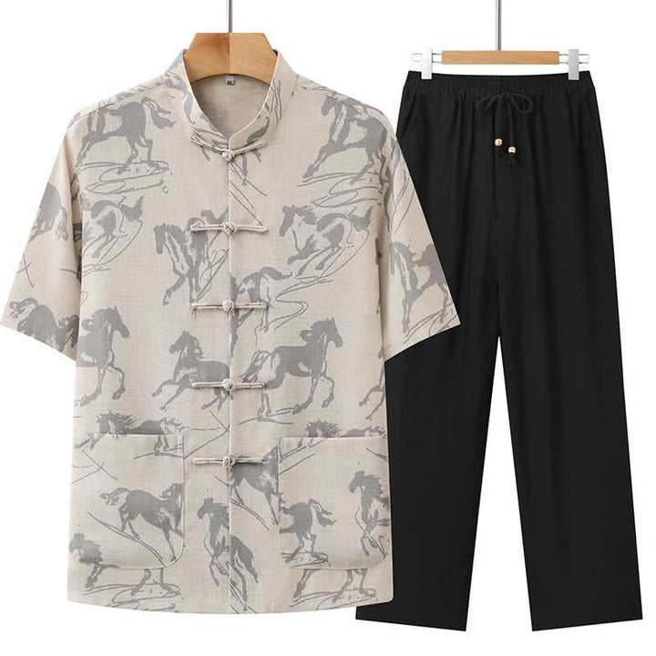Buddha Stones 2点セット 夏用唐風カジュアル カエルボタン マンダリンカラー 馬柄 半袖シャツ パンツ メンズ 瞑想服 ポケット付き - ベージュ - US/UK/AU42、 EU52 (3XL) - image 0