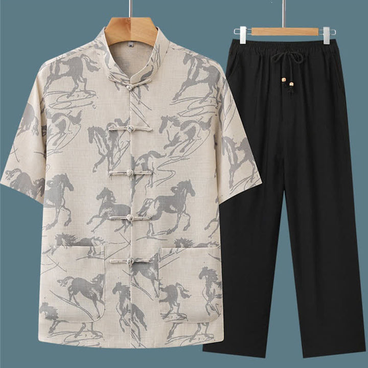 Buddha Stones 2点セット 夏用唐風カジュアル カエルボタン マンダリンカラー 馬柄 半袖シャツ パンツ メンズ 瞑想服 ポケット付き - image 1