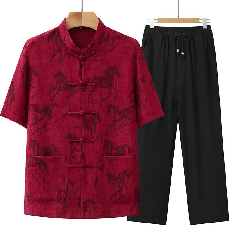 Buddha Stones 2点セット 夏用唐風カジュアル カエルボタン マンダリンカラー 馬柄 半袖シャツ パンツ メンズ 瞑想服 ポケット付き - クリムゾン - US/UK/AU42、 EU52 (3XL) - image 13