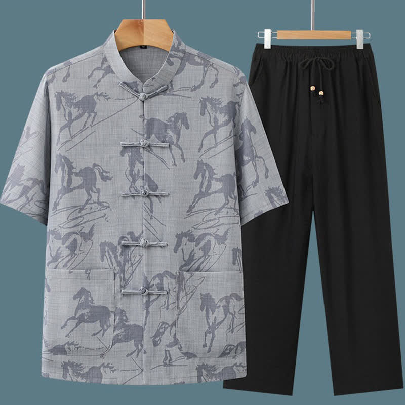Buddha Stones 2点セット 夏用唐風カジュアル カエルボタン マンダリンカラー 馬柄 半袖シャツ パンツ メンズ 瞑想服 ポケット付き - image 3