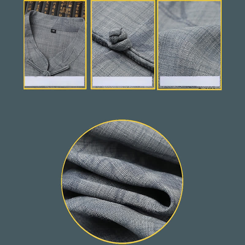 Buddha Stones 2点セット 夏用唐風カジュアル カエルボタン マンダリンカラー 馬柄 半袖シャツ パンツ メンズ 瞑想服 ポケット付き - image 11