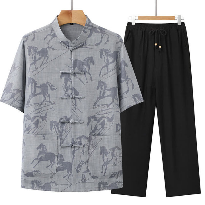 Buddha Stones 2点セット 夏用唐風カジュアル カエルボタン マンダリンカラー 馬柄 半袖シャツ パンツ メンズ 瞑想服 ポケット付き - ライトグレー - US/UK/AU42、 EU52 (3XL) - image 2