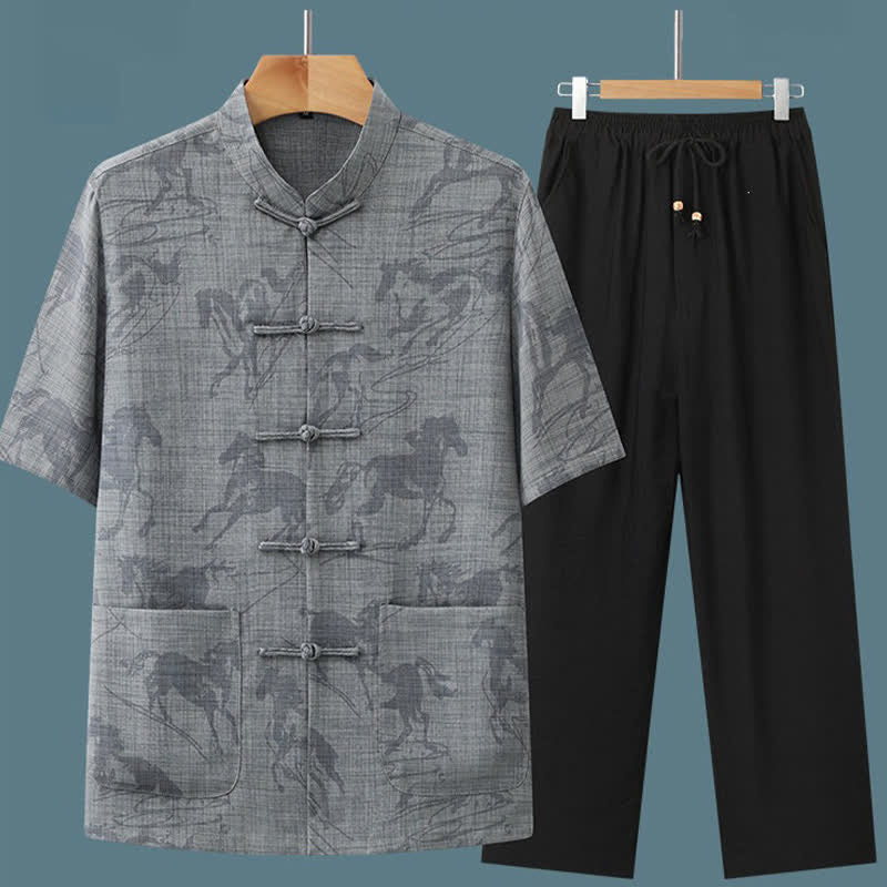 Buddha Stones 2点セット 夏用唐風カジュアル カエルボタン マンダリンカラー 馬柄 半袖シャツ パンツ メンズ 瞑想服 ポケット付き - image 5