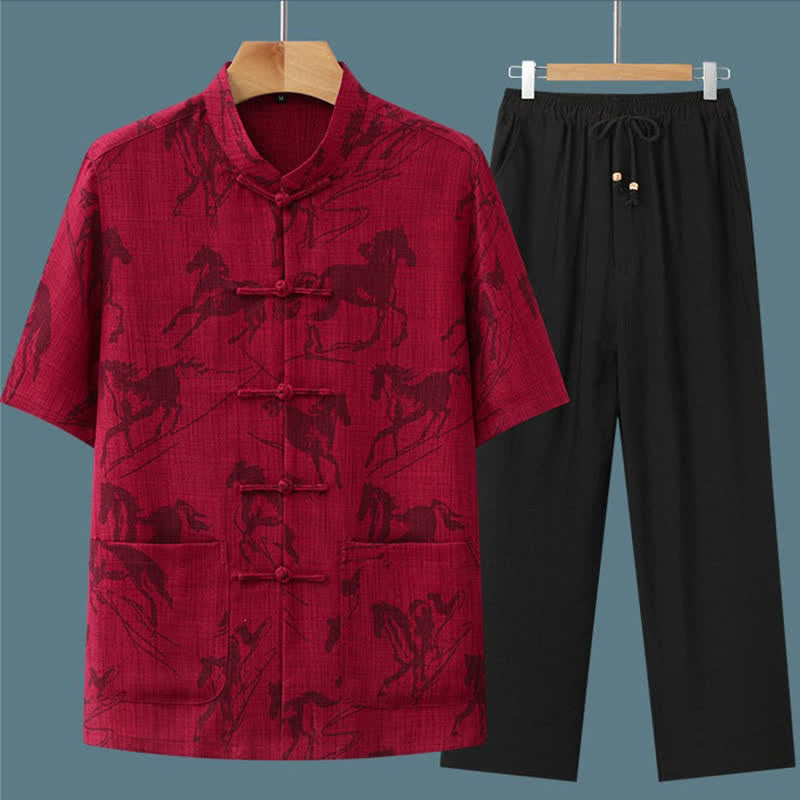 Buddha Stones 2点セット 夏用唐風カジュアル カエルボタン マンダリンカラー 馬柄 半袖シャツ パンツ メンズ 瞑想服 ポケット付き - image 14