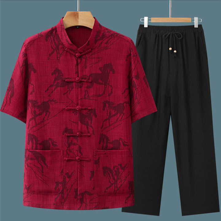 Buddha Stones 2点セット 夏用唐風カジュアル カエルボタン マンダリンカラー 馬柄 半袖シャツ パンツ メンズ 瞑想服 ポケット付き - image 14