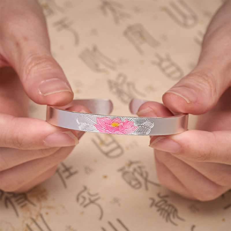 Buddha Stones 銅製蓮のエナメルオープンカフ悟りブレスレット - image 3