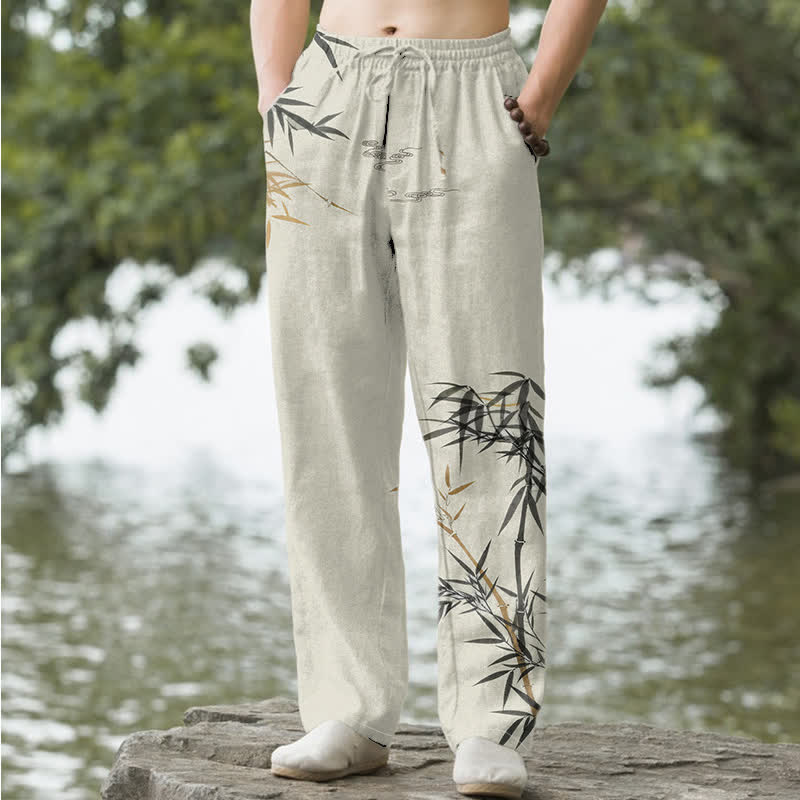 Buddha Stones コットンインク竹柄メンズテーパードパンツ（ポケット付き） - リネン - US/UK/AU50、EU60（5XL） - image 0