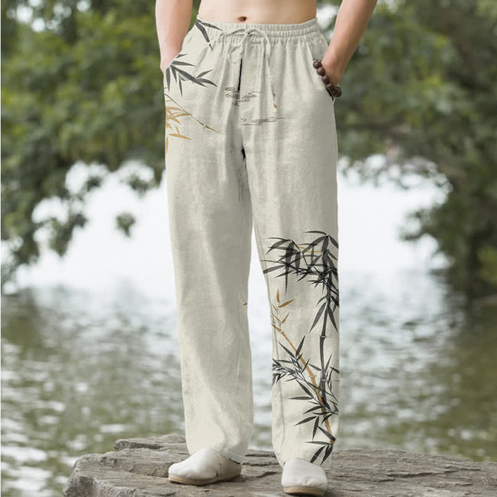 Buddha Stones コットンインク竹柄メンズテーパードパンツ（ポケット付き） - リネン - US/UK/AU50、EU60（5XL） - image 0