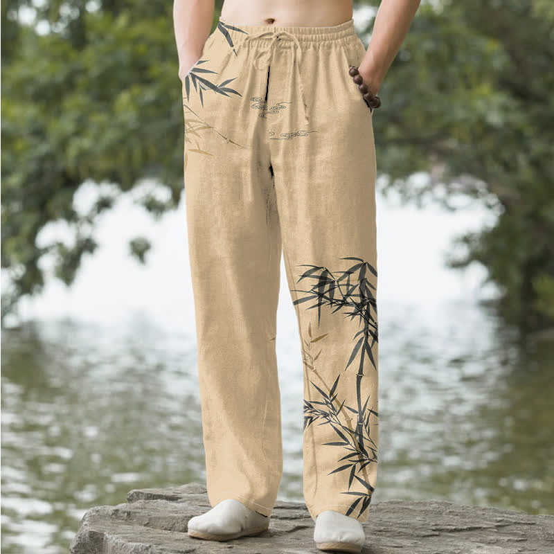 Buddha Stones コットンインク竹柄メンズテーパードパンツ（ポケット付き） - タン - US/UK/AU50、EU60（5XL） - image 6