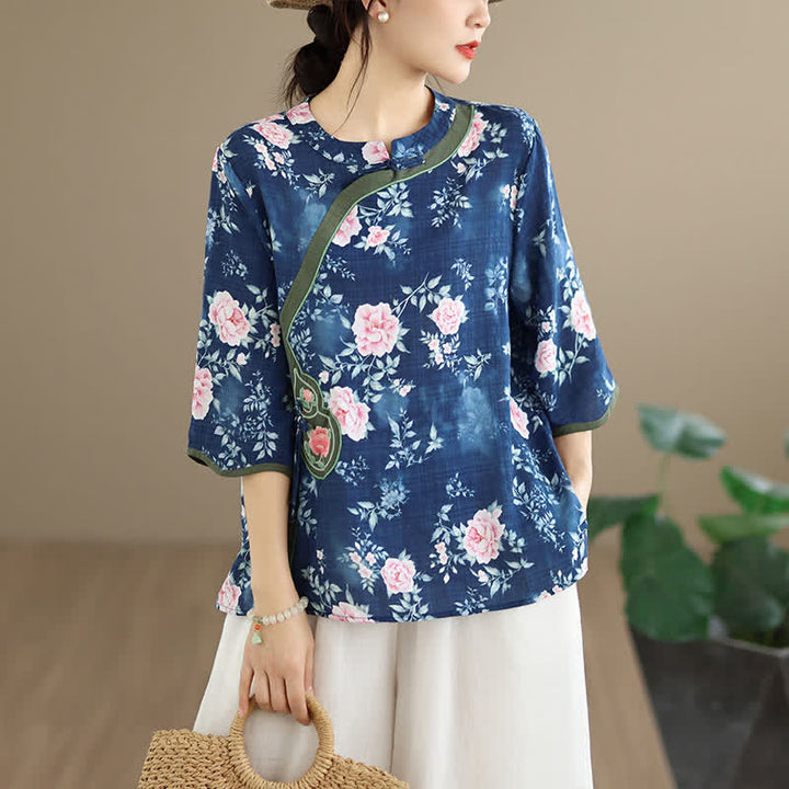 Buddha Stones 夏物カジュアル唐草風カエルボタンピンク牡丹花柄レディース肘丈袖シャツ - ダークスレートブルー - US8-10, UK/AU12-14, EU40-42 （2XL） - image 0