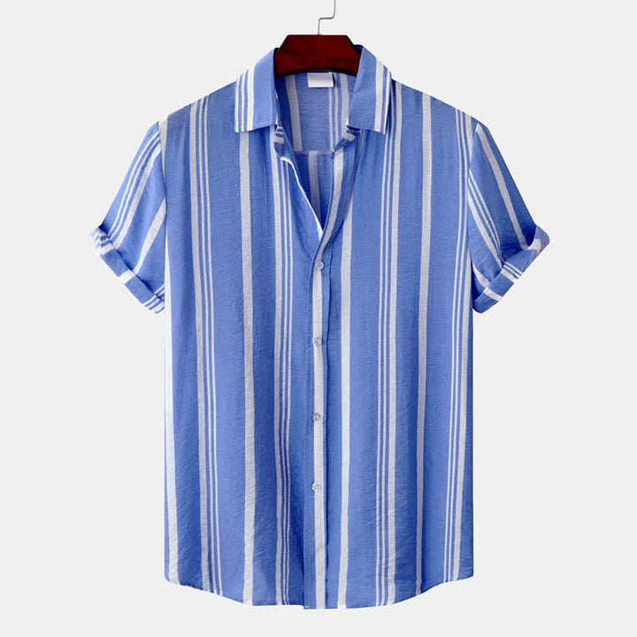 Buddha Stones 夏物カジュアルクラシックボタンアップ縦ストライプメンズ半袖シャツ - 水色 - US/UK/AU42, EU52 （3XL） - image 14