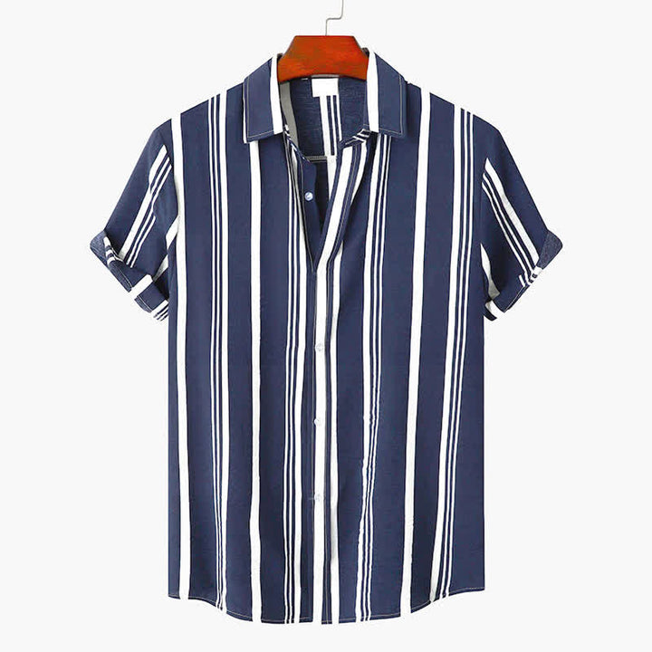 Buddha Stones 夏物カジュアルクラシックボタンアップ縦ストライプメンズ半袖シャツ - スチールブルー - US/UK/AU42, EU52 （3XL） - image 7