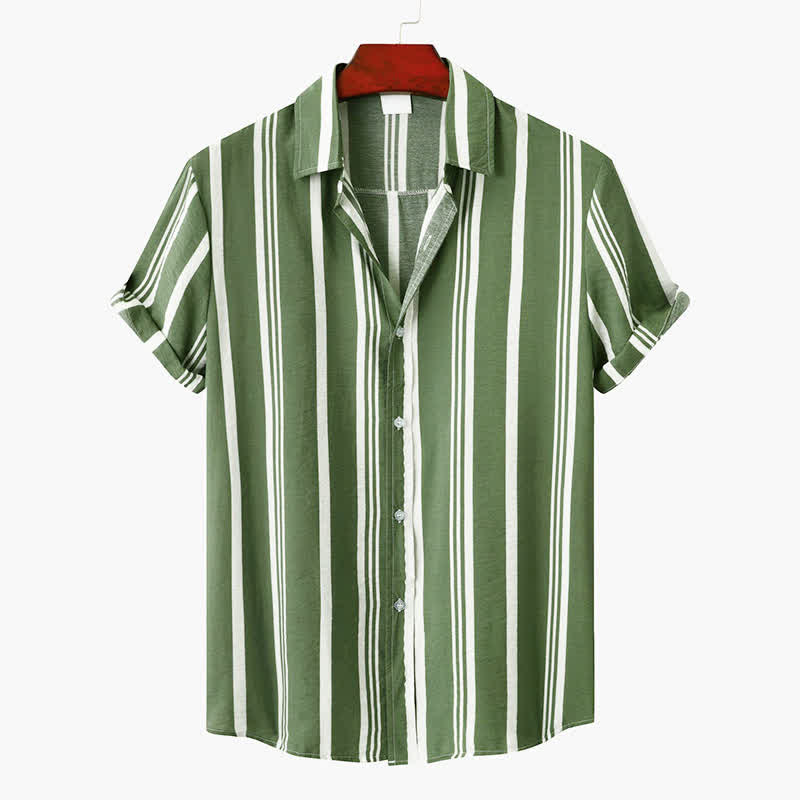 Buddha Stones 夏物カジュアルクラシックボタンアップ縦ストライプメンズ半袖シャツ - ダークシーグリーン - US/UK/AU42, EU52 （3XL） - image 0