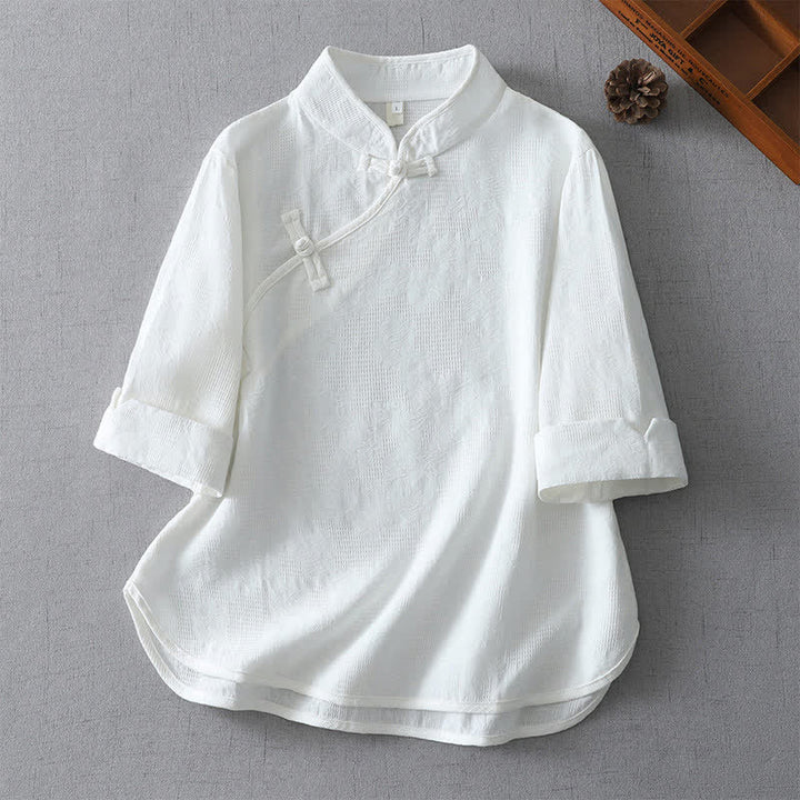 Buddha Stones 夏物 唐風 カジュアル マンダリンカラー 無地 レディース 肘丈袖シャツ - 白 - US12, UK/AU16, EU44 （3XL） - image 7