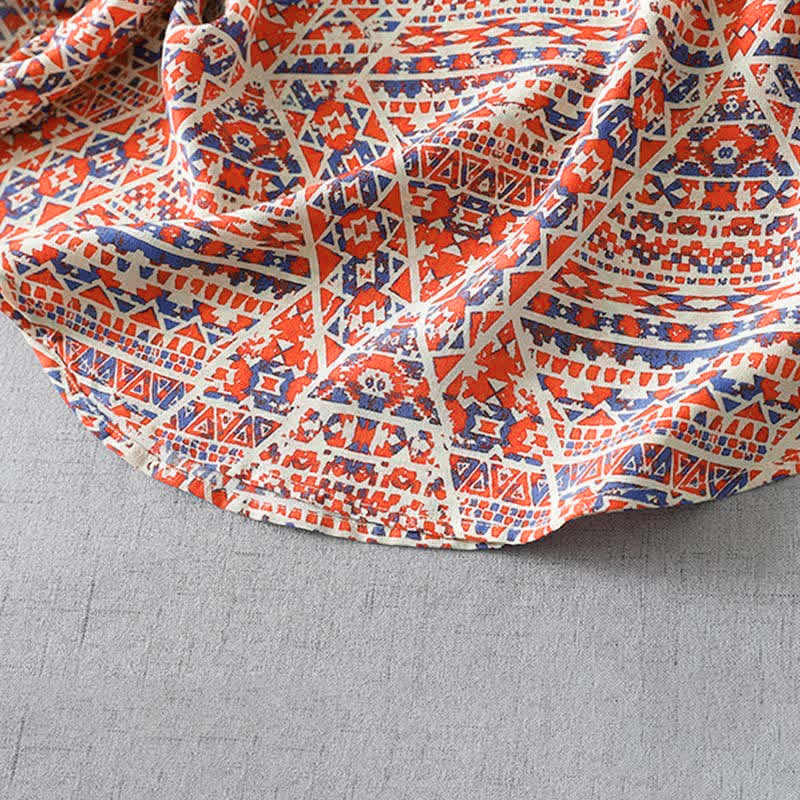 Buddha Stones 夏物 ボヘミアン ヴィンテージ レッド 幾何学模様 Vネック レディース 長袖 Tシャツ - image 5