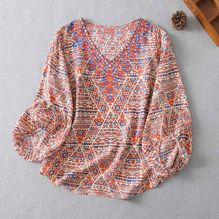 Buddha Stones 夏物 ボヘミアン ヴィンテージ レッド 幾何学模様 Vネック レディース 長袖 Tシャツ - 鮭 - US8-10, UK/AU12-14, EU40-42 （2XL） - image 0