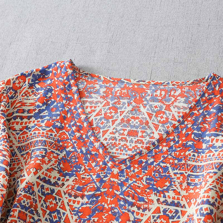 Buddha Stones 夏物 ボヘミアン ヴィンテージ レッド 幾何学模様 Vネック レディース 長袖 Tシャツ - image 2