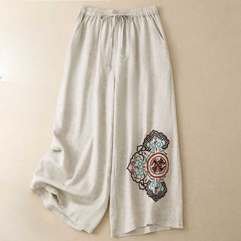 Buddha Stones 夏物カジュアル刺繍花柄カプリパンツ レディースワイドレッグパンツ ポケット付き - image 2