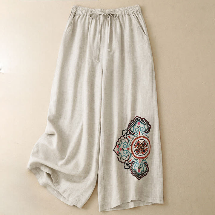 Buddha Stones 夏物カジュアル刺繍花柄カプリパンツ レディースワイドレッグパンツ ポケット付き - image 2
