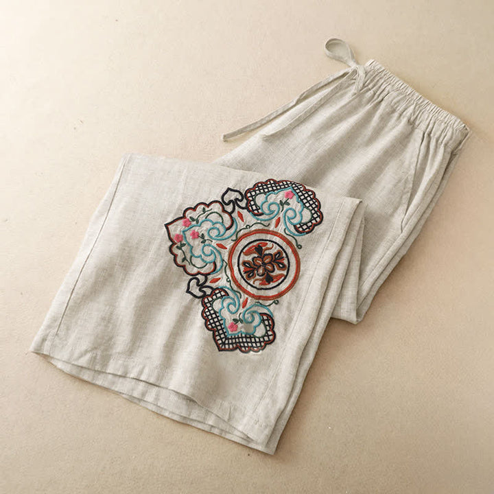Buddha Stones 夏物カジュアル刺繍花柄カプリパンツ レディースワイドレッグパンツ ポケット付き - image 3