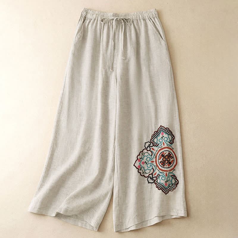 Buddha Stones 夏物カジュアル刺繍花柄カプリパンツ レディースワイドレッグパンツ ポケット付き - リネン - US8-10, UK/AU12-14, EU40-42 （2XL） - image 0