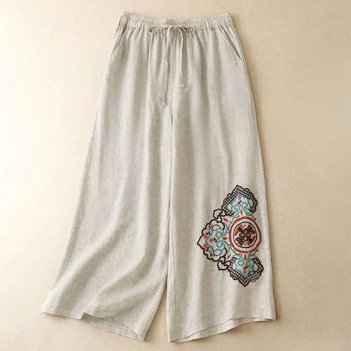 Buddha Stones 夏物カジュアル刺繍花柄カプリパンツ レディースワイドレッグパンツ ポケット付き - リネン - US8-10, UK/AU12-14, EU40-42 （2XL） - image 0