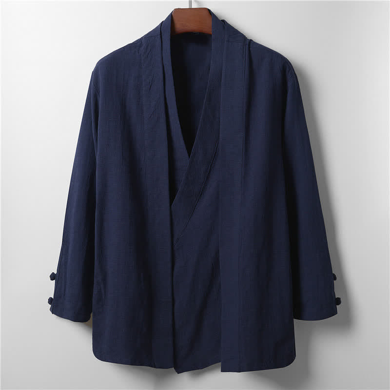 Buddha Stones 春のカジュアルミニマリスト無地ラペルラミーメンズ着物 - ミッドナイトブルー - US/UK/AU44、 EU54 (4XL) - image 10