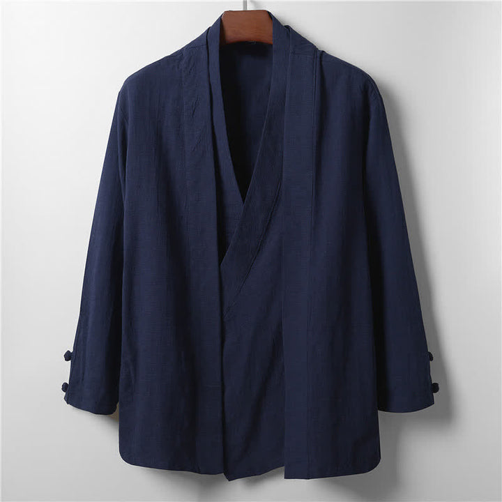 Buddha Stones 春のカジュアルミニマリスト無地ラペルラミーメンズ着物 - ミッドナイトブルー - US/UK/AU44、 EU54 (4XL) - image 10
