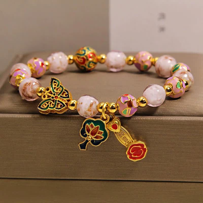 Buddha Stones ピンクの琉璃蝶蓮如意ハンドル変身チャームブレスレット - ピンクの蝶と蓮（手首周り：5.91～6.29インチ / 15～16cm） - image 0