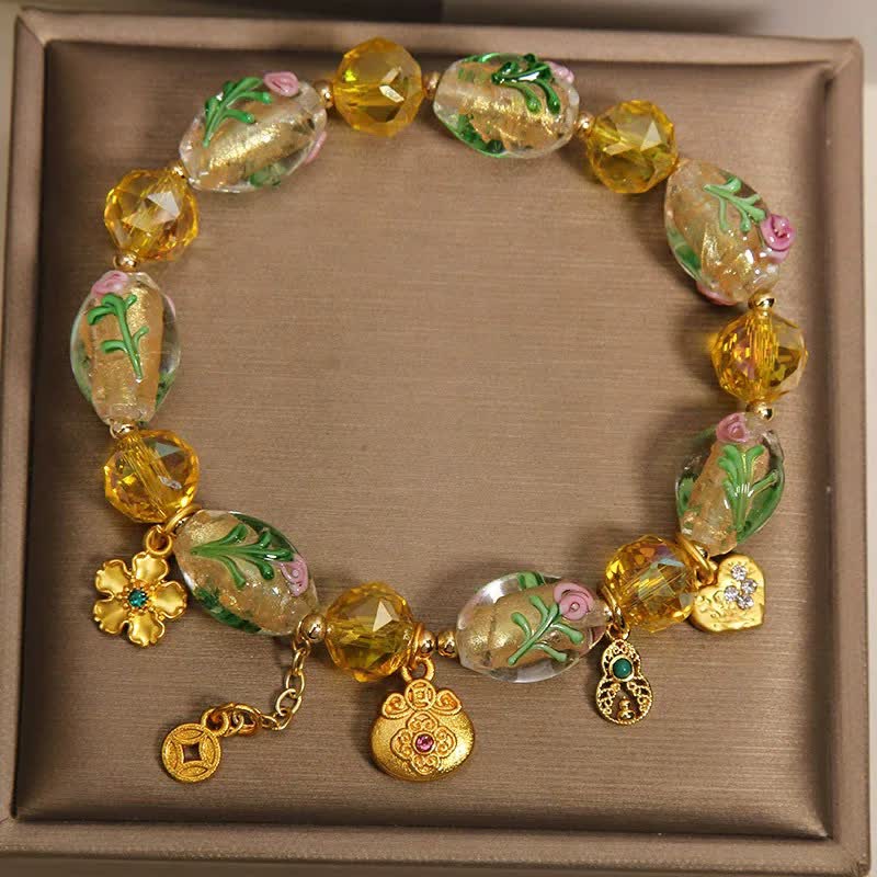 Buddha Stones 黄琉璃ファセット金袋銅貨瓢箪豊穣チャーム中国風ブレスレット - image 1