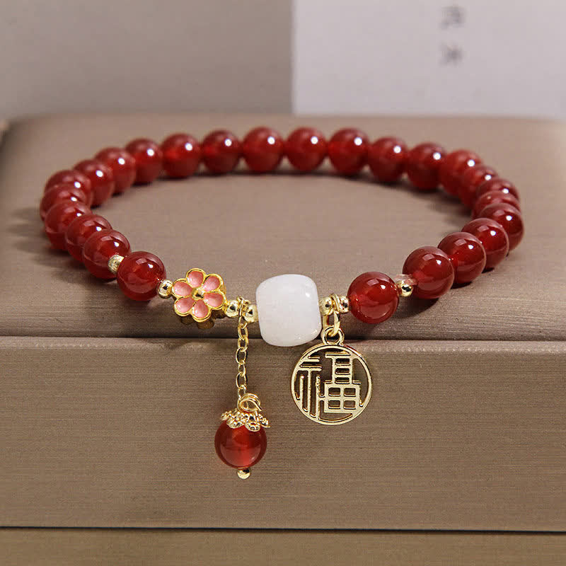 Buddha Stones 赤瑪瑙の福字花柄自信幸運ブレスレット - image 10