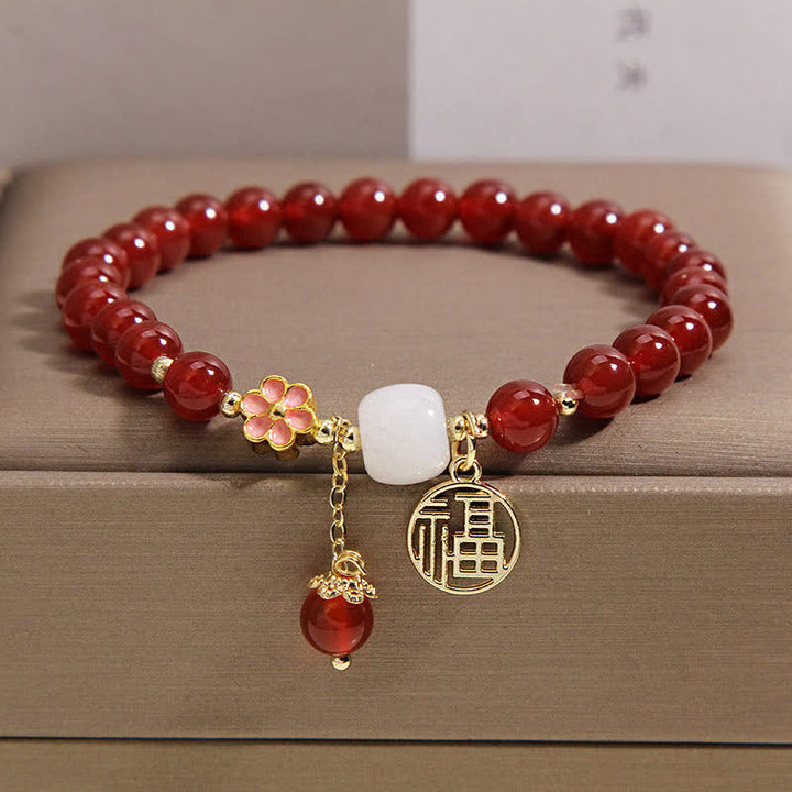 Buddha Stones 赤瑪瑙の福字花柄自信幸運ブレスレット - image 10