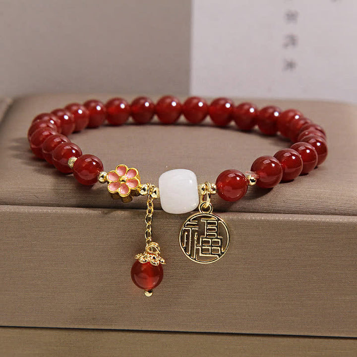 Buddha Stones 赤瑪瑙の福字花柄自信幸運ブレスレット - 福の文字（幸運♥良縁祈願） - image 0