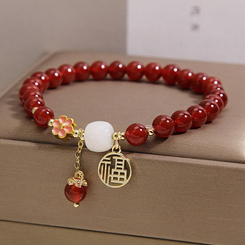 Buddha Stones 赤瑪瑙の福字花柄自信幸運ブレスレット - image 8