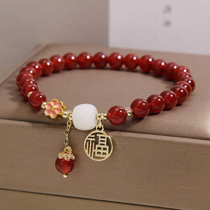 Buddha Stones 赤瑪瑙の福字花柄自信幸運ブレスレット - image 8