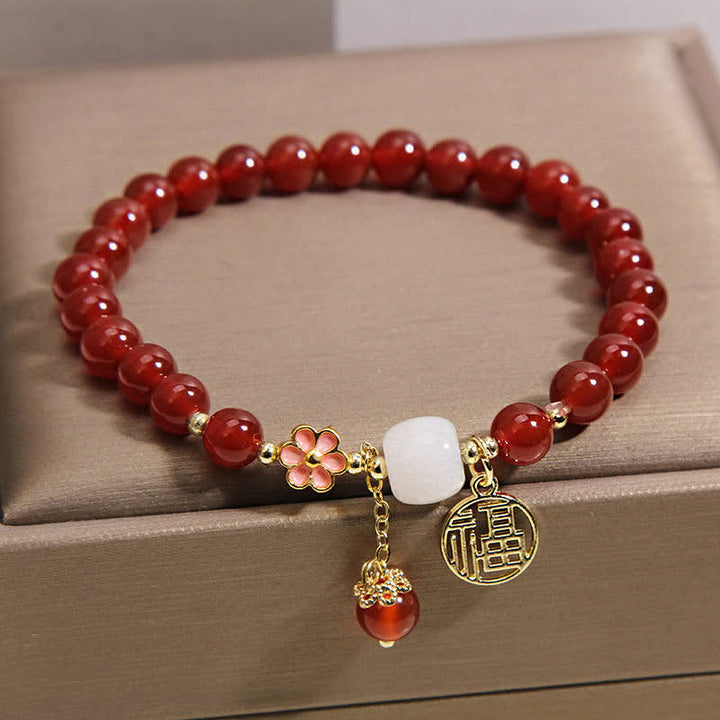 Buddha Stones 赤瑪瑙の福字花柄自信幸運ブレスレット - image 4
