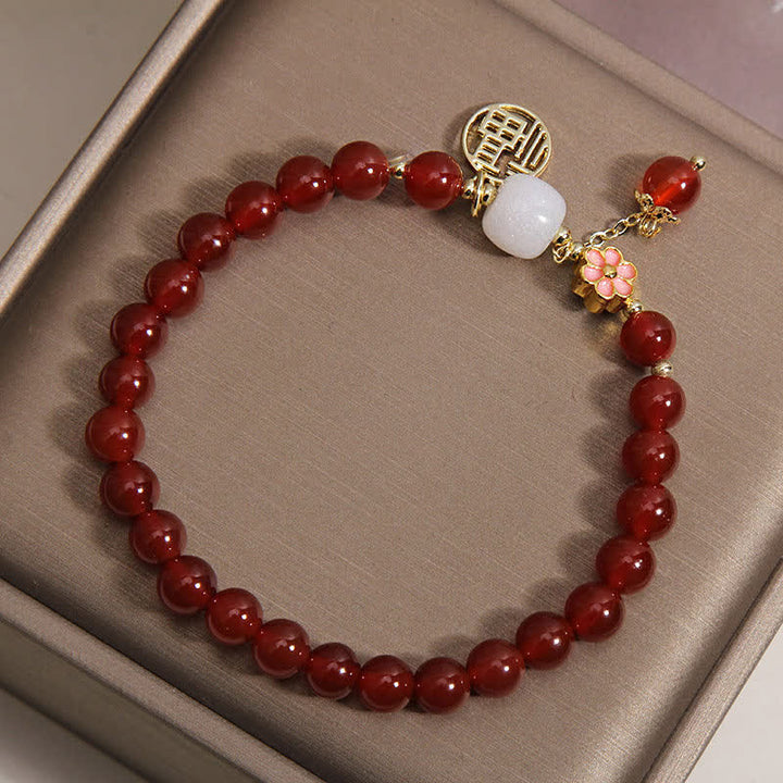 Buddha Stones 赤瑪瑙の福字花柄自信幸運ブレスレット - image 3