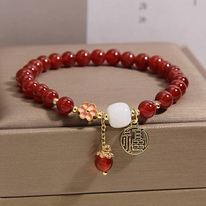 Buddha Stones 赤瑪瑙の福字花柄自信幸運ブレスレット - image 9