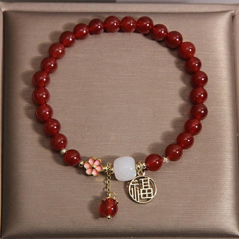 Buddha Stones 赤瑪瑙の福字花柄自信幸運ブレスレット - image 1
