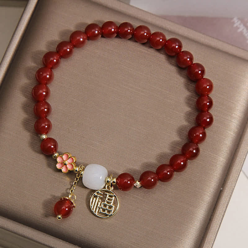 Buddha Stones 赤瑪瑙の福字花柄自信幸運ブレスレット - image 2